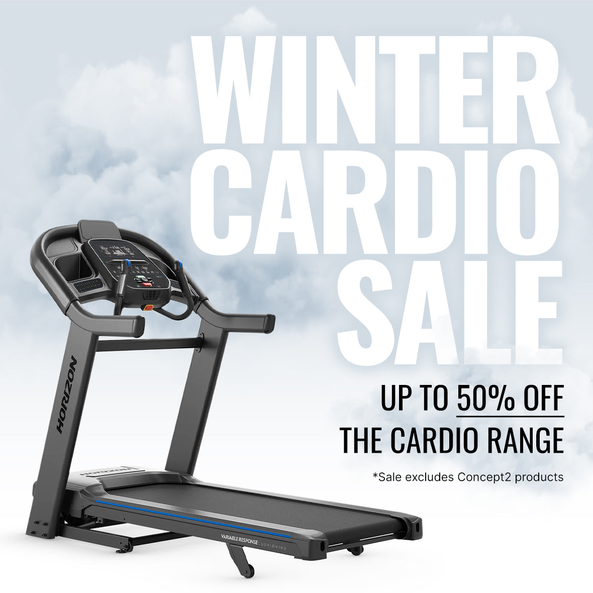treadmill with winter cardio sale in white text