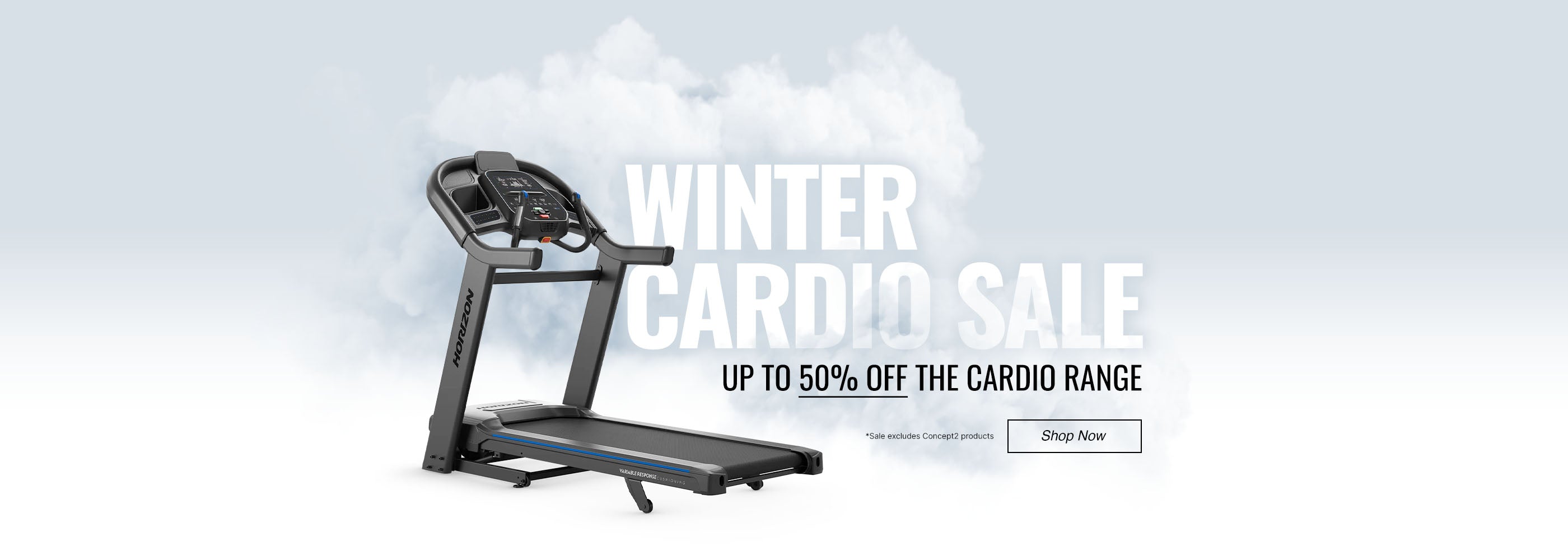 treadmill with winter cardio sale in white text
