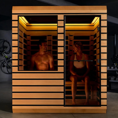 Man and woman inside a Found Space Sauna