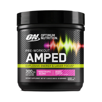Optimum Nutrition Amped pre-workout supplement container on a white background