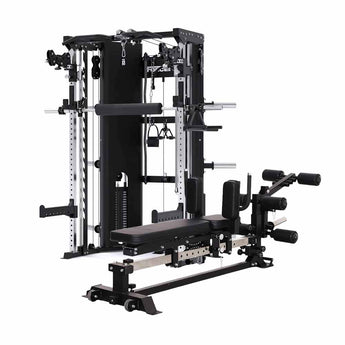 Force USA C10 All-In-One Functional Trainer + Sliding Bench next to each other

