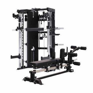 Force USA C10 All-In-One Functional Trainer + Sliding Bench next to each other
