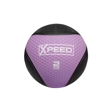 A 2 kg medicine ball with a purple and black textured design, featuring the brand name 'XPEED' in white on the front, set against a plain white background.