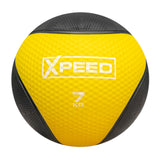 A 7 kg medicine ball with a textured yellow and black design, featuring the XPEED brand logo and '7 KG' text printed on the front, isolated on a white background.