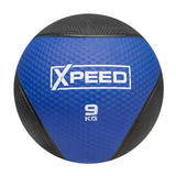 A blue and black medicine ball with a textured surface, featuring the brand name 'XPEED' and weight '9 KG' printed in white on the front, set against a plain white background.