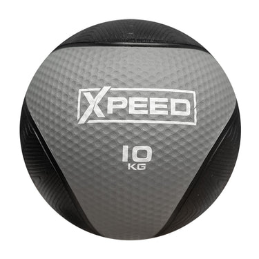 A 10 kg medicine ball with a textured gray and black design, featuring the XPEED brand logo and '10 KG' text printed on the front, isolated on a white background.