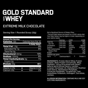 Optimum Nutrition Gold Standard 100% Whey extreme milk chcolate nutrition label